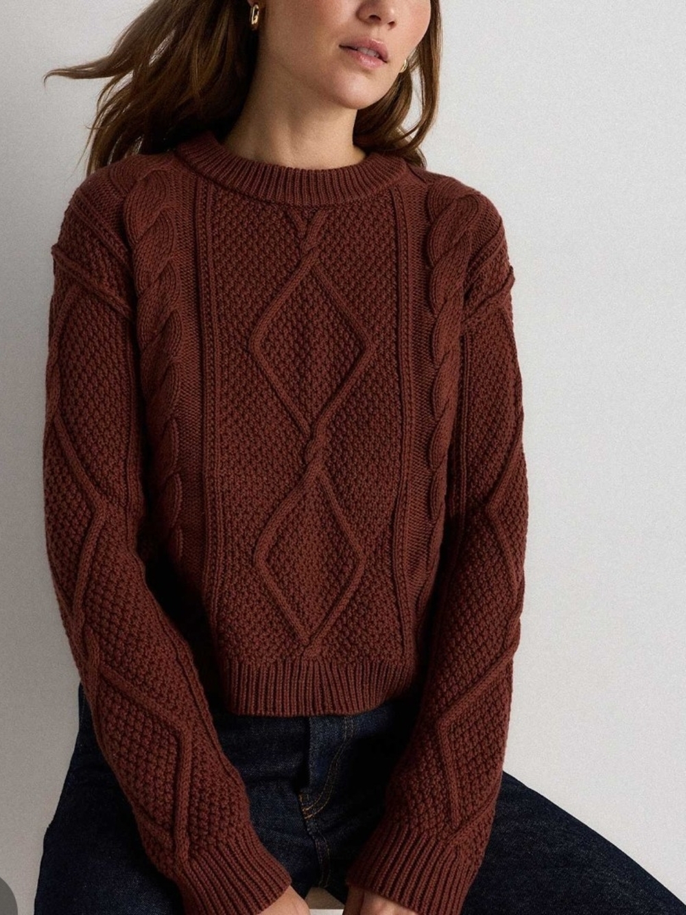 Quince Redwood Cable Knit Crew Sweater